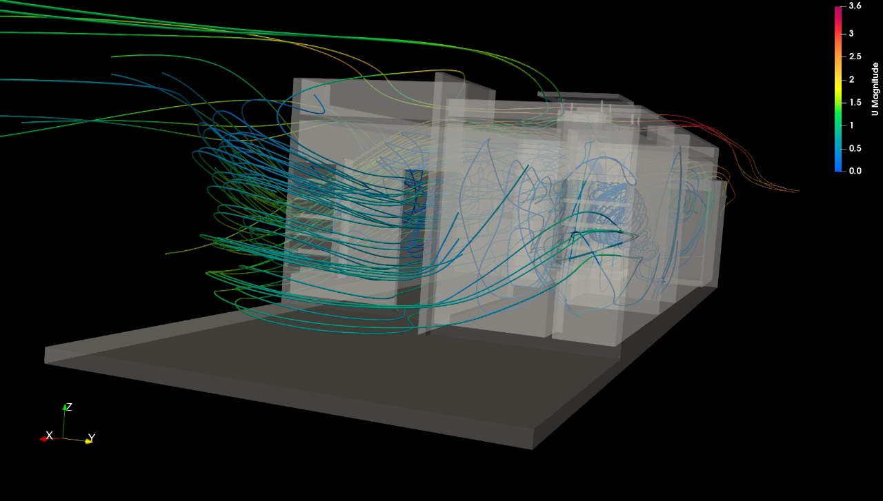 Three-dimensional streamlines entering and circulating through a transparent house